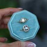 1.70ct Untreated Radiant Cut Vibrant Teal Green Sapphire Antique-Style Diamond Halo Ring in 14 Yellow Gold