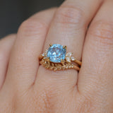 3.38ct Untreated Montana Sapphire Cushion Cut Marquise Diamond Cluster Ring in 18k Yellow Gold