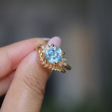 3.38ct Untreated Montana Sapphire Cushion Cut Marquise Diamond Cluster Ring in 18k Yellow Gold