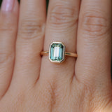 2.62ct Teal Green Emerald Cut Sapphire Low Profile Bezel Ring in 14k Yellow Gold