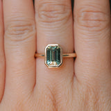 2.62ct Teal Green Emerald Cut Sapphire Low Profile Bezel Ring in 14k Yellow Gold