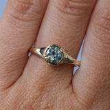 0.88ct Untreated Round Montana Sapphire Low Profile 4 Prong Signet Solitaire in 14k Yellow Gold
