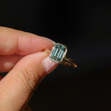 2.62ct Teal Green Emerald Cut Sapphire Low Profile Bezel Ring in 14k Yellow Gold