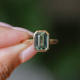 2.62ct Teal Green Emerald Cut Sapphire Low Profile Bezel Ring in 14k Yellow Gold