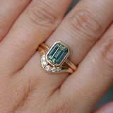 2.62ct Teal Green Emerald Cut Sapphire Low Profile Bezel Ring in 14k Yellow Gold