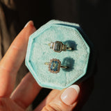 1.29ct Bezel Set Emerald Cut Untreated Montana Sapphire and Montana Sapphire Sides Three Stone Ring in 14k Yellow Gold