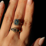 1.05ct GIA Antique Old European Cut Diamond and Trillion Madagascar Sapphire Antique Style Compass Set Low Profile Ring with Milgrain in 18k Yellow Gold