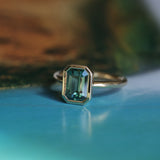 2.62ct Teal Green Emerald Cut Sapphire Low Profile Bezel Ring in 14k Yellow Gold