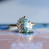 2.35ct Teal Blue Grey Untreated Pear Montana Sapphire and Diamond Asymmetrical Cluster Ring in 18k Yellow Gold