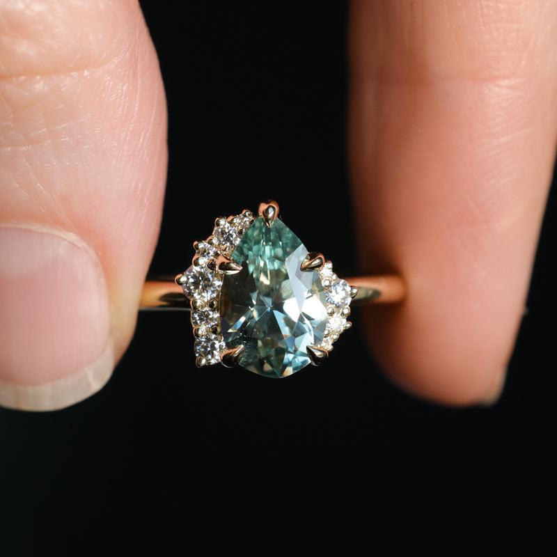 2.35ct Teal Blue Grey Untreated Pear Montana Sapphire and Diamond Asymmetrical Cluster Ring in 18k Yellow Gold