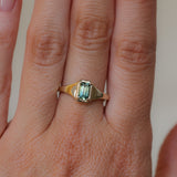 0.71ct Australian Emerald Cut Parti Sapphire Low Profile 4 Prong Signet Solitaire in 14k Yellow Gold