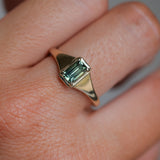 0.71ct Australian Emerald Cut Parti Sapphire Low Profile 4 Prong Signet Solitaire in 14k Yellow Gold
