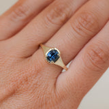 1.17ct Untreated Cushion Blue Madagascar Sapphire Low Profile 4 Prong Signet Solitaire in 14k Yellow Gold