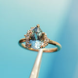 2.35ct Teal Blue Grey Untreated Pear Montana Sapphire and Diamond Asymmetrical Cluster Ring in 18k Yellow Gold