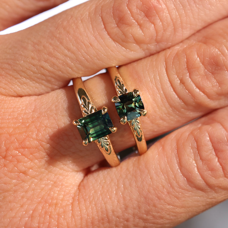 1.08ct Cushion Cut Parti Sapphire Low Profile Four Prong Spring Bloom Solitaire in 14k Yellow Gold