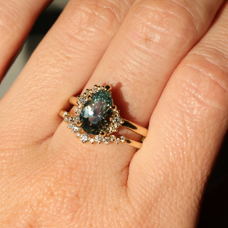 2.35ct Teal Blue Grey Untreated Pear Montana Sapphire and Diamond Asymmetrical Cluster Ring in 18k Yellow Gold