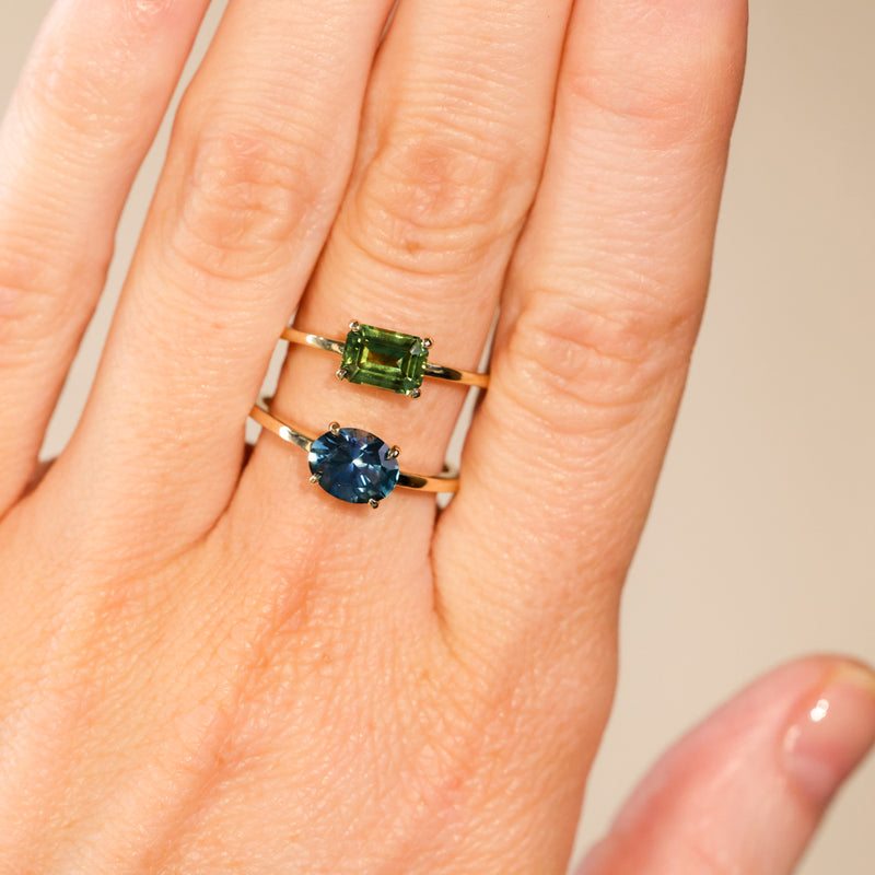 1.20ct Untreated Australian Emerald Cut Parti Sapphire Low Profile 4 Prong East-West Solitaire in 14k Yellow Gold