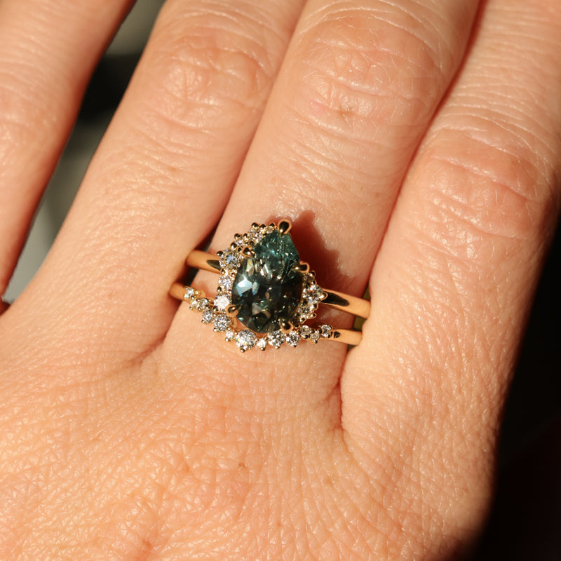 2.35ct Teal Blue Grey Untreated Pear Montana Sapphire and Diamond Asymmetrical Cluster Ring in 18k Yellow Gold