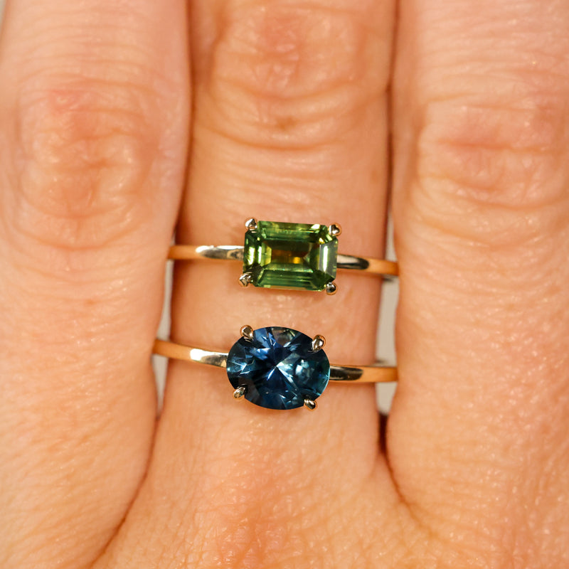 1.20ct Untreated Australian Emerald Cut Parti Sapphire Low Profile 4 Prong East-West Solitaire in 14k Yellow Gold