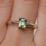 0.98ct Australian Emerald Cut Parti Sapphire Low Profile Four Prong Spring Bloom Solitaire in 14k Yellow Gold