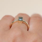 0.98ct Australian Emerald Cut Parti Sapphire Low Profile Four Prong Spring Bloom Solitaire in 14k Yellow Gold