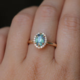 1.63ct Oval Untreated Madagascar Teal Sapphire Antique-Style Diamond Halo Ring in 14k Yellow Gold