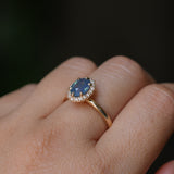 1.63ct Oval Untreated Madagascar Teal Sapphire Antique-Style Diamond Halo Ring in 14k Yellow Gold