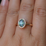 1.63ct Oval Untreated Madagascar Teal Sapphire Antique-Style Diamond Halo Ring in 14k Yellow Gold