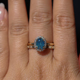 1.63ct Oval Untreated Madagascar Teal Sapphire Antique-Style Diamond Halo Ring in 14k Yellow Gold