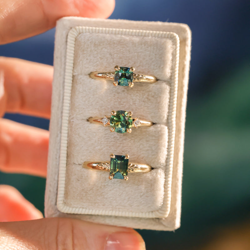 1.08ct Cushion Cut Parti Sapphire Low Profile Four Prong Spring Bloom Solitaire in 14k Yellow Gold