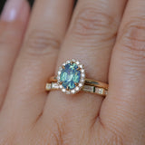 1.63ct Oval Untreated Madagascar Teal Sapphire Antique-Style Diamond Halo Ring in 14k Yellow Gold