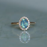 1.63ct Oval Untreated Madagascar Teal Sapphire Antique-Style Diamond Halo Ring in 14k Yellow Gold