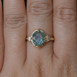 3.05ct Untreated Fantasy Cut Green Sapphire and Diamond Three Stone Antique Compass Style Low Profile Ring in 18k Yellow Gold