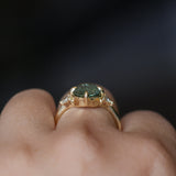 3.05ct Untreated Fantasy Cut Green Sapphire and Diamond Three Stone Antique Compass Style Low Profile Ring in 18k Yellow Gold