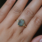 3.05ct Untreated Fantasy Cut Green Sapphire and Diamond Three Stone Antique Compass Style Low Profile Ring in 18k Yellow Gold