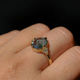 3.05ct Untreated Fantasy Cut Green Sapphire and Diamond Three Stone Antique Compass Style Low Profile Ring in 18k Yellow Gold