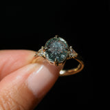 3.05ct Untreated Fantasy Cut Green Sapphire and Diamond Three Stone Antique Compass Style Low Profile Ring in 18k Yellow Gold