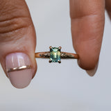 0.98ct Australian Emerald Cut Parti Sapphire Low Profile Four Prong Spring Bloom Solitaire in 14k Yellow Gold