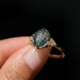 3.05ct Untreated Fantasy Cut Green Sapphire and Diamond Three Stone Antique Compass Style Low Profile Ring in 18k Yellow Gold