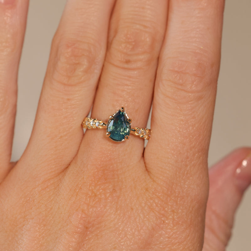 2.01ct Untreated Teal Pear Sapphire Low Profile 5 Prong Vine Solitaire with Diamonds in 14k Yellow Gold