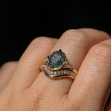 3.05ct Untreated Fantasy Cut Green Sapphire and Diamond Three Stone Antique Compass Style Low Profile Ring in 18k Yellow Gold