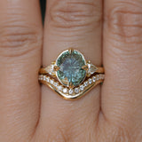 3.05ct Untreated Fantasy Cut Green Sapphire and Diamond Three Stone Antique Compass Style Low Profile Ring in 18k Yellow Gold