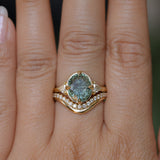 3.05ct Untreated Fantasy Cut Green Sapphire and Diamond Three Stone Antique Compass Style Low Profile Ring in 18k Yellow Gold
