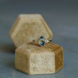 1.85ct Parti Australian Fantasy Cut Sapphire and White Australian Kite Sapphire Antique Milgrain Three Stone Low Profile Ring in 18k Yellow Gold