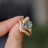 3.05ct Untreated Fantasy Cut Green Sapphire and Diamond Three Stone Antique Compass Style Low Profile Ring in 18k Yellow Gold