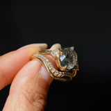 3.05ct Untreated Fantasy Cut Green Sapphire and Diamond Three Stone Antique Compass Style Low Profile Ring in 18k Yellow Gold