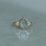 3.05ct Untreated Fantasy Cut Green Sapphire and Diamond Three Stone Antique Compass Style Low Profile Ring in 18k Yellow Gold