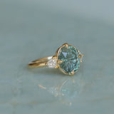 3.05ct Untreated Fantasy Cut Green Sapphire and Diamond Three Stone Antique Compass Style Low Profile Ring in 18k Yellow Gold
