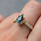 2.01ct Untreated Teal Pear Sapphire Low Profile 5 Prong Vine Solitaire with Diamonds in 14k Yellow Gold