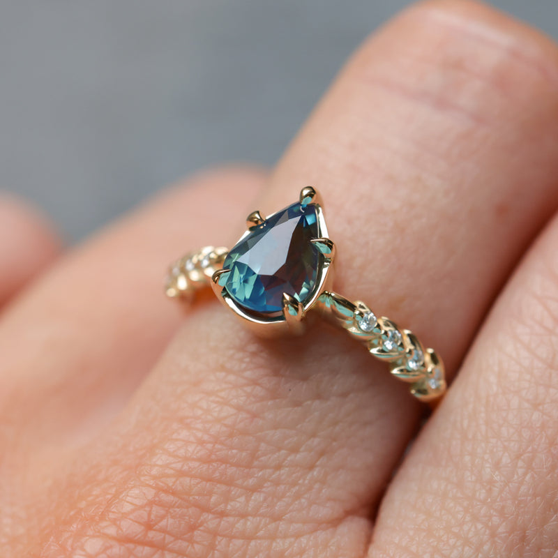 2.01ct Untreated Teal Pear Sapphire Low Profile 5 Prong Vine Solitaire with Diamonds in 14k Yellow Gold